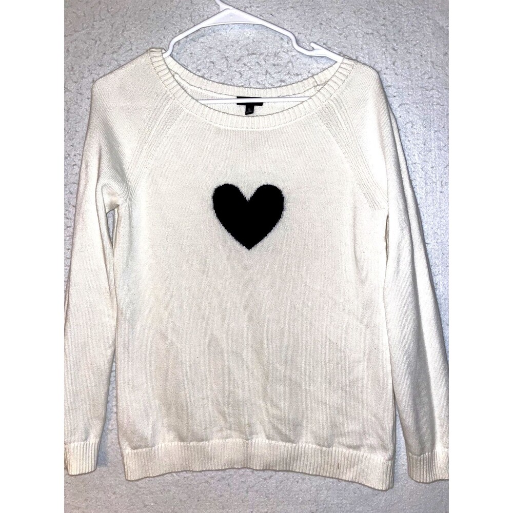 Talbots Petites Sweater Size S P Ivory Black Heart Long Sleeve Round Neck Cotton